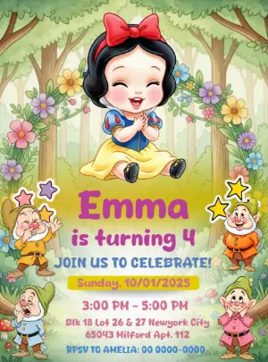 Snow White Birthday Invitation with Dwarfs to Edit