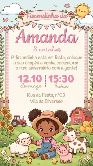 Convite Digital Fazendinha Menina Morena Editável