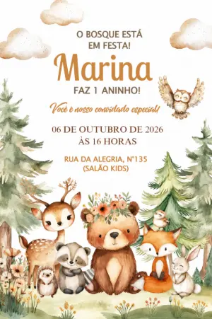 Convite Aniversário Bosque Encantado Aquarela para Editar