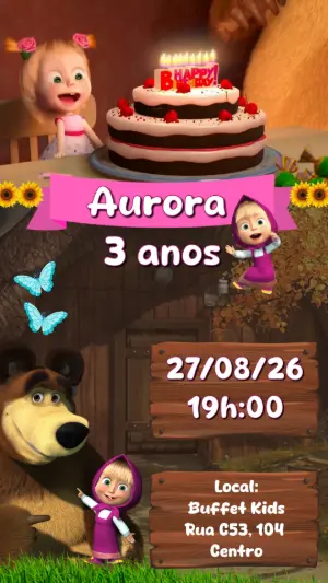 Convite Animado Masha e o Urso: Modelo Editável para Aniversário