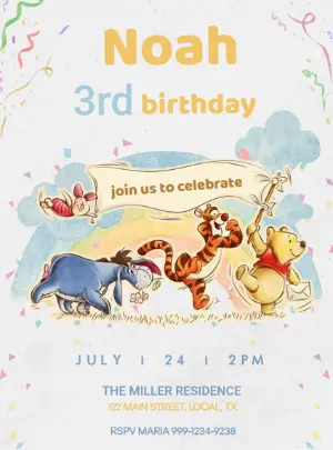 Editable Watercolor Pooh Bear Birthday Invitation