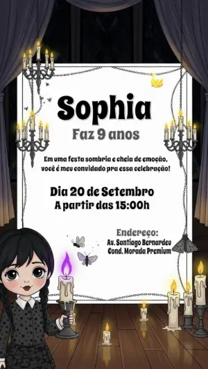 Convite Aniversário Wandinha Addams para Editar Online