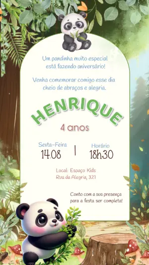Convite Digital Aniversário Panda na Floresta para Editar