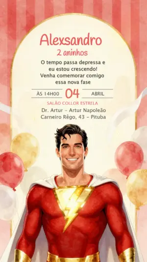 Convite Digital Aniversário Shazam Herói Modelo Editável