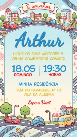 Convite de Aniversário Infantil Carros Fofos para Editar
