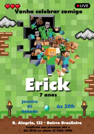 Convite de Aniversário Minecraft Pixelado para Editar