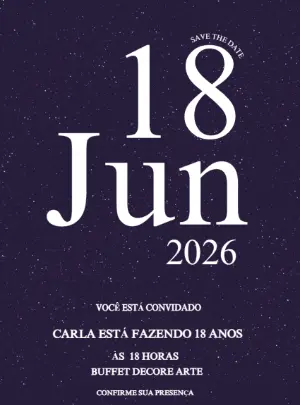 Convite de Aniversário 18 Anos Céu Estrelado Roxo Editável