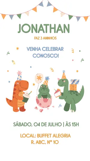 Convite de Aniversário Dinossauros Fofos para Editar