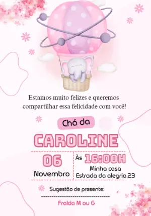 Convite Chá de Bebê Elefantinha no Balão para Editar