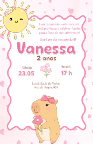 Convite de Aniversário Capivara Fofa Rosa para Editar