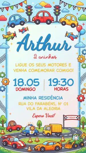 Convite de Aniversário Infantil Carros Coloridos Editável