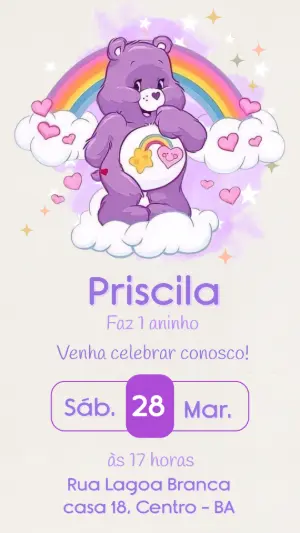 Convite de Aniversário Ursinhos Carinhosos Roxo para Editar