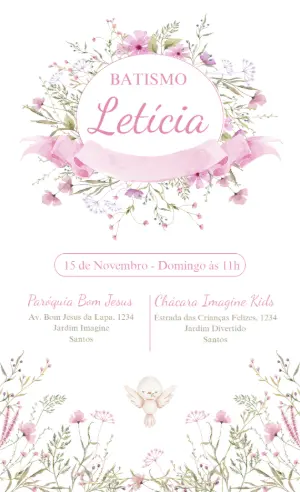 Convite de Batizado Floral Rosa para Editar Online
