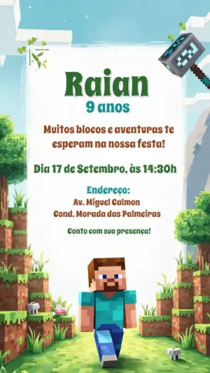 Convite de Aniversário Minecraft com Steve para Editar Online