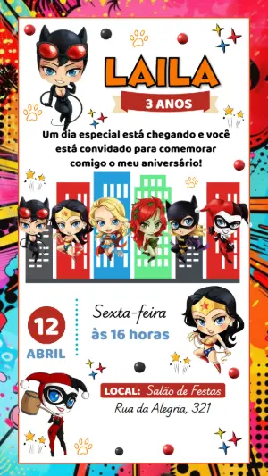 Convite de Aniversário Super-Heroínas Meninas Editável