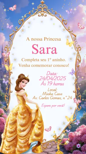 Convite Aniversário Princesa Bela e a Fera para Editar Online