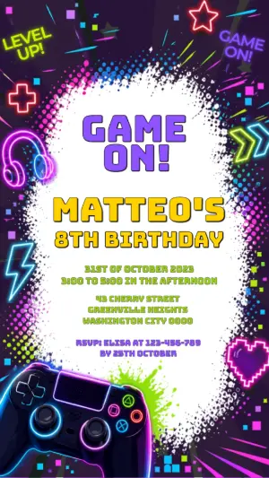 Animated Gamer Birthday Video Invitation | Neon Editable Template