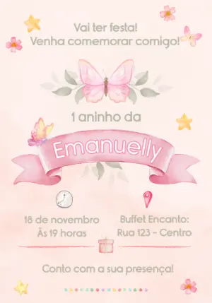 Convite Infantil Borboletas e Flores em Aquarela para Editar