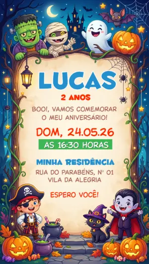 Convite de Aniversário Halloween Infantil Monstros Editável