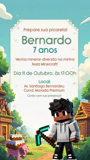 Convite de Aniversário Minecraft com Personagem para Editar