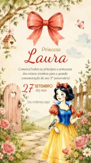 Vídeo Convite Animado Branca de Neve para Aniversário Editável