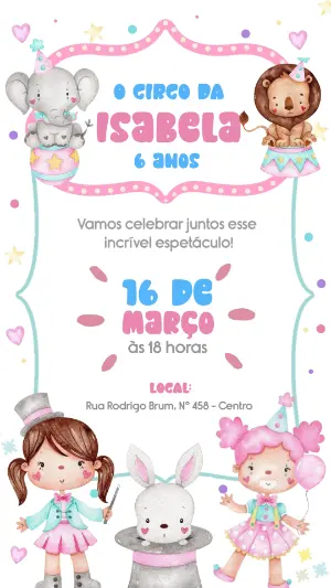 Convite Animado Aniversário Circo Rosa para Editar Online