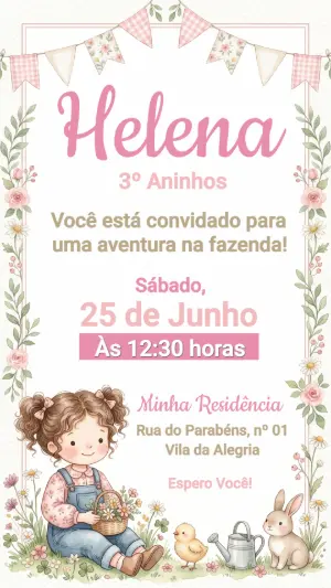 Convite de Aniversário Fazendinha Rosa Editável para Menina