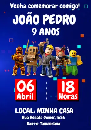 Convite de Aniversário Roblox com Personagens para Editar Online