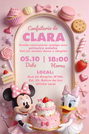 Convite de Aniversário Minnie Confeitaria Rosa para Editar