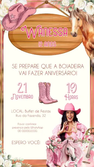 Convite de Aniversário Boiadeira Ana Castela Editável