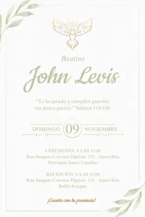 Invitación de Bautizo Elegante con Hojas Verdes Modelo Editable