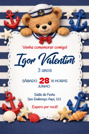 Convite de Aniversário Ursinho Marinheiro Editável para Festa