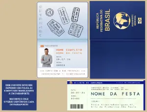 Convite de Aniversário Criativo Passaporte Viagem Editável com foto