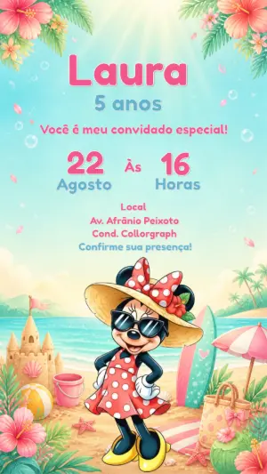 Convite de Aniversário Minnie Mouse Praia Editável