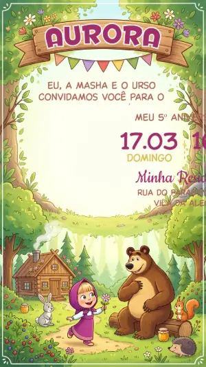 Convite de Aniversário Masha e o Urso Floresta Editável