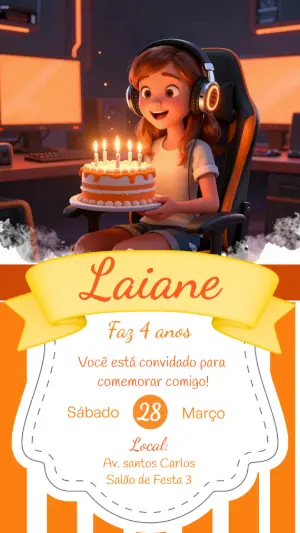 Convite de Aniversário Gamer Menina 3D para Editar Online
