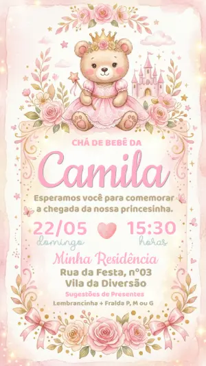 Convite Chá de Bebê Ursinha Princesa Rosa Editável