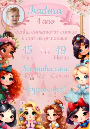 Convite Aniversário Princesas Cute com Foto Editável