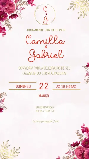 Convite Digital de Casamento Marsala e Dourado para Editar