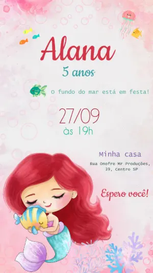 Convite Aniversário Pequena Sereia Cute para Editar Online