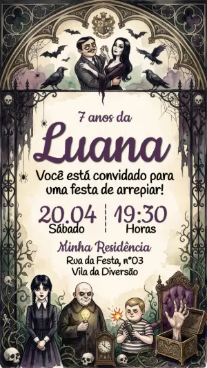 Convite de Aniversário Família Addams Gótico Editável