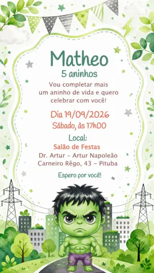 Convite Aniversário Hulk: Modelo Editável para Festa Infantil