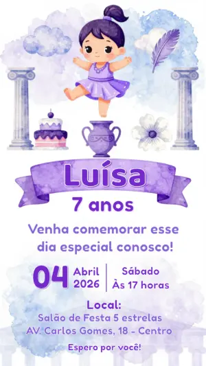 Convite Aniversário Deusa Grega Lilás Aquarela para Editar
