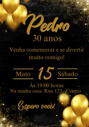 Convite de Aniversário Dourado e Preto para Editar Online
