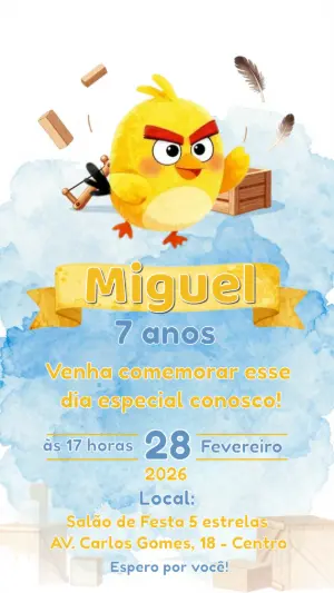 Convite Aniversário Infantil Pássaro Amarelo Modelo Editável