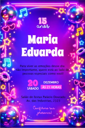 Convite de 15 Anos Balada Neon Digital para Editar
