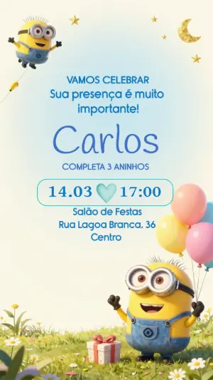 Convite de Aniversário Infantil Minions Fofo para Editar