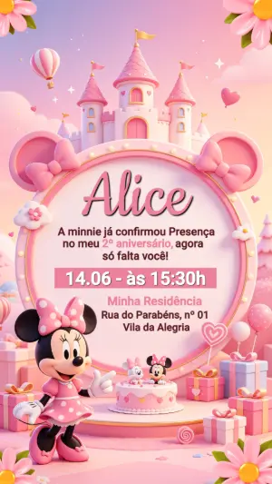 Convite de Aniversário Minnie Rosa 3D Editável para Menina