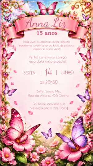 Convite de 15 Anos Borboletas Aquarela Rosa Editável