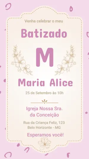 Convite Digital Batizado Menina Floral Delicado para Editar